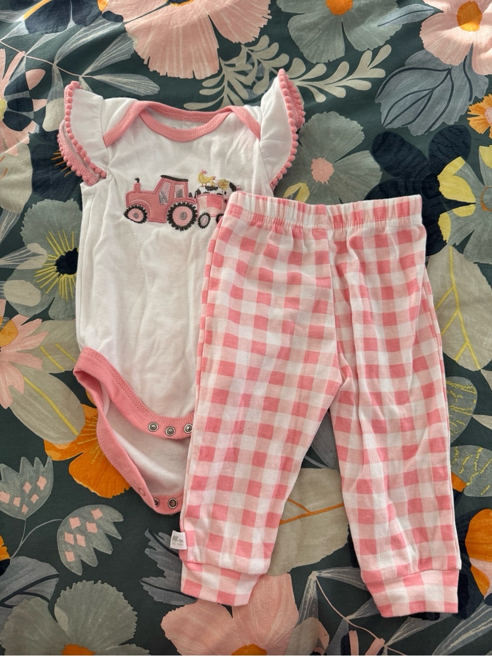 Pink Gingham Baby Matching Set - Cute Tractor Bodysuit & Pants